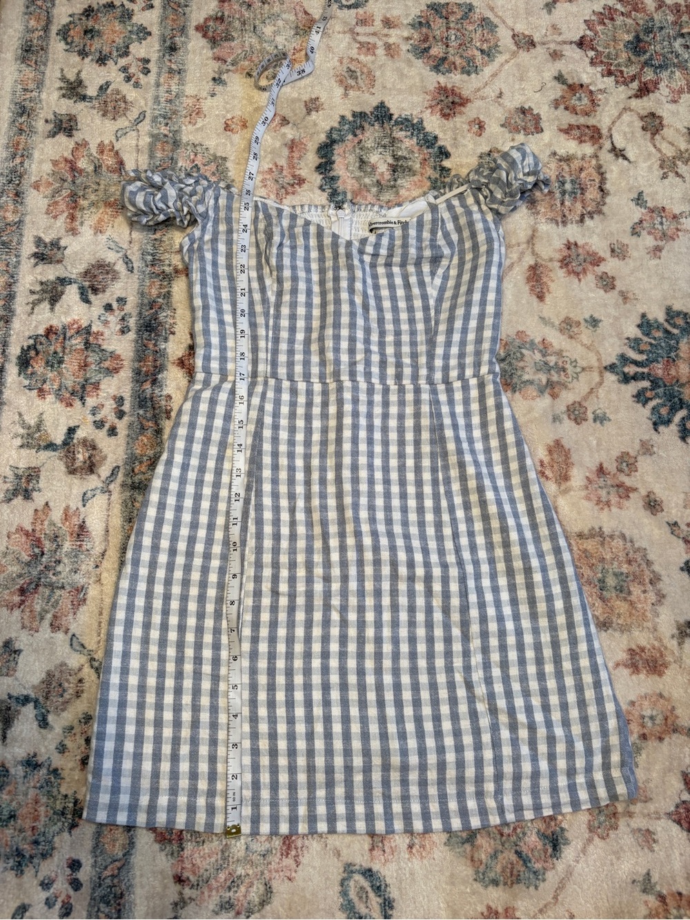 Abercrombie & Fitch Off the Shoulder Gingham Dress- Light Blue and White